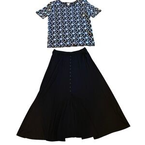VTG 2Pc. Top/Skirt Set XL Lace Pattern Button Long Maxi Short Sleeve Black/White